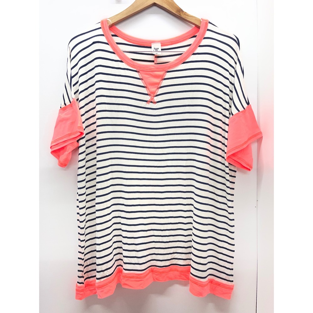 Sew In Love Navy White Striped Neon Coral Trim Top 2X Short Sleeve Relaxed Tee